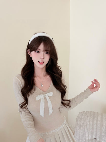 [Sweet] Wool Lace Bow V-Neck Top (MY5817)