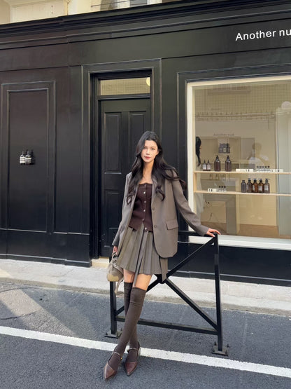 [Miu Style] Stripes Blazer + Pleated Skirt Set