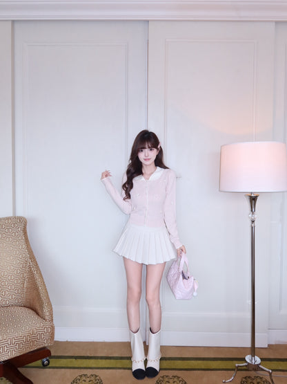 ⁠[Coquette] Doll Collar Ribbon Beaded Knit Cardigan (MY5813)⁠