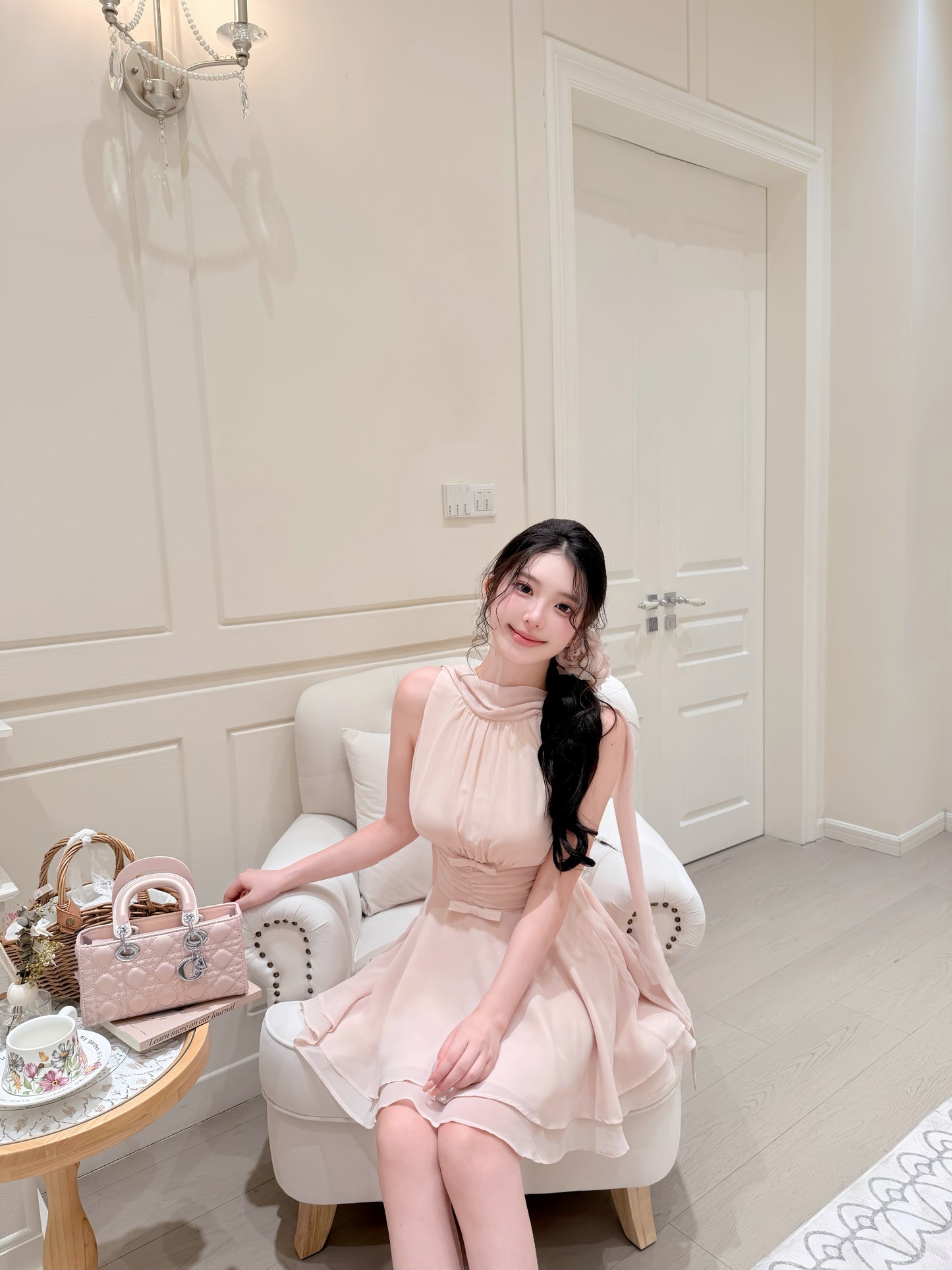 [Elegant] Chiffon Pink& Beige Dress (Q1056)