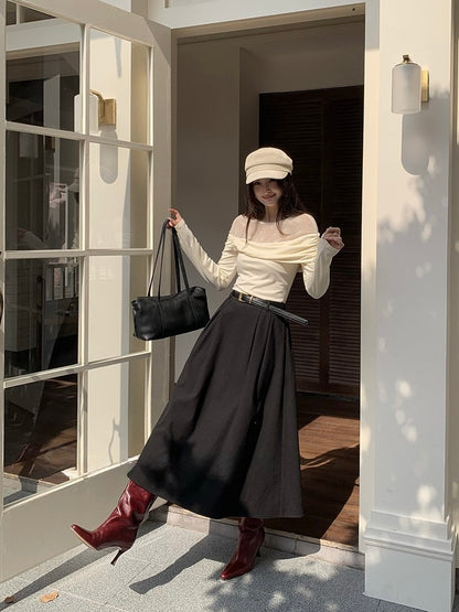 [Versatile] Pleated Long Skirt(with belt)