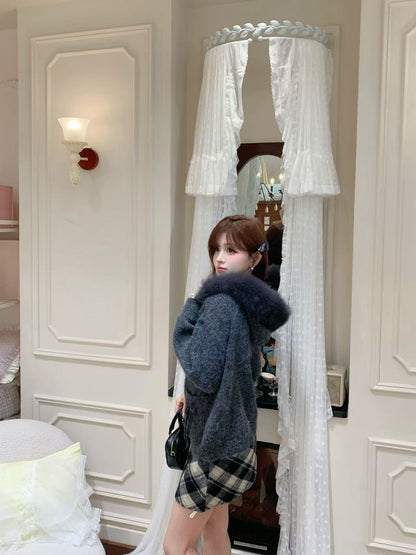 [Girly] 100% Wool Zip-up Sweater (Fox Fur Hat)