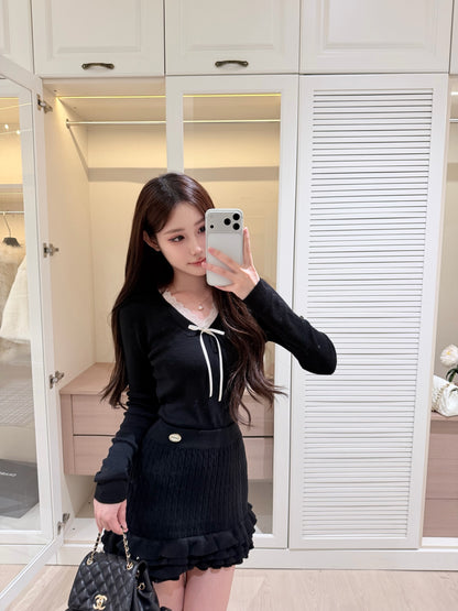 ⁠[Chic] Lace Trim V-Neck Bow Knit Base Top (QH-115)⁠