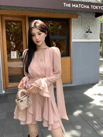 [Girly] White label V-neck Long-sleeve Elegant Dress