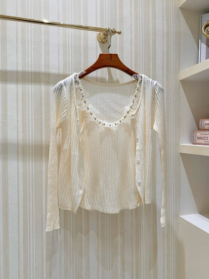 [Dating] Pearl Lace Trim Cami and Knit Cardigan Set (QH-08)