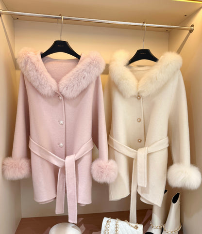 ⁠[Luxe] Fox Fur Collar Belted 100% Australian Wool Coat (YRDY002)⁠