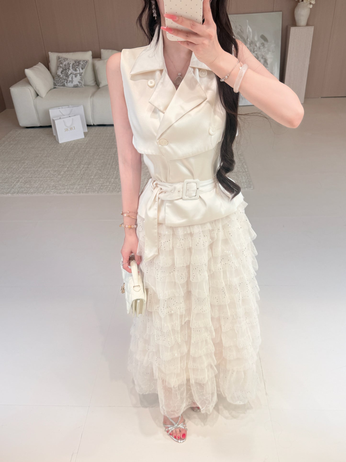 [Office to Date] Tailored Blazer Vest + Sequin Tiered Tulle Skirt Set (Q1212+Q1181)
