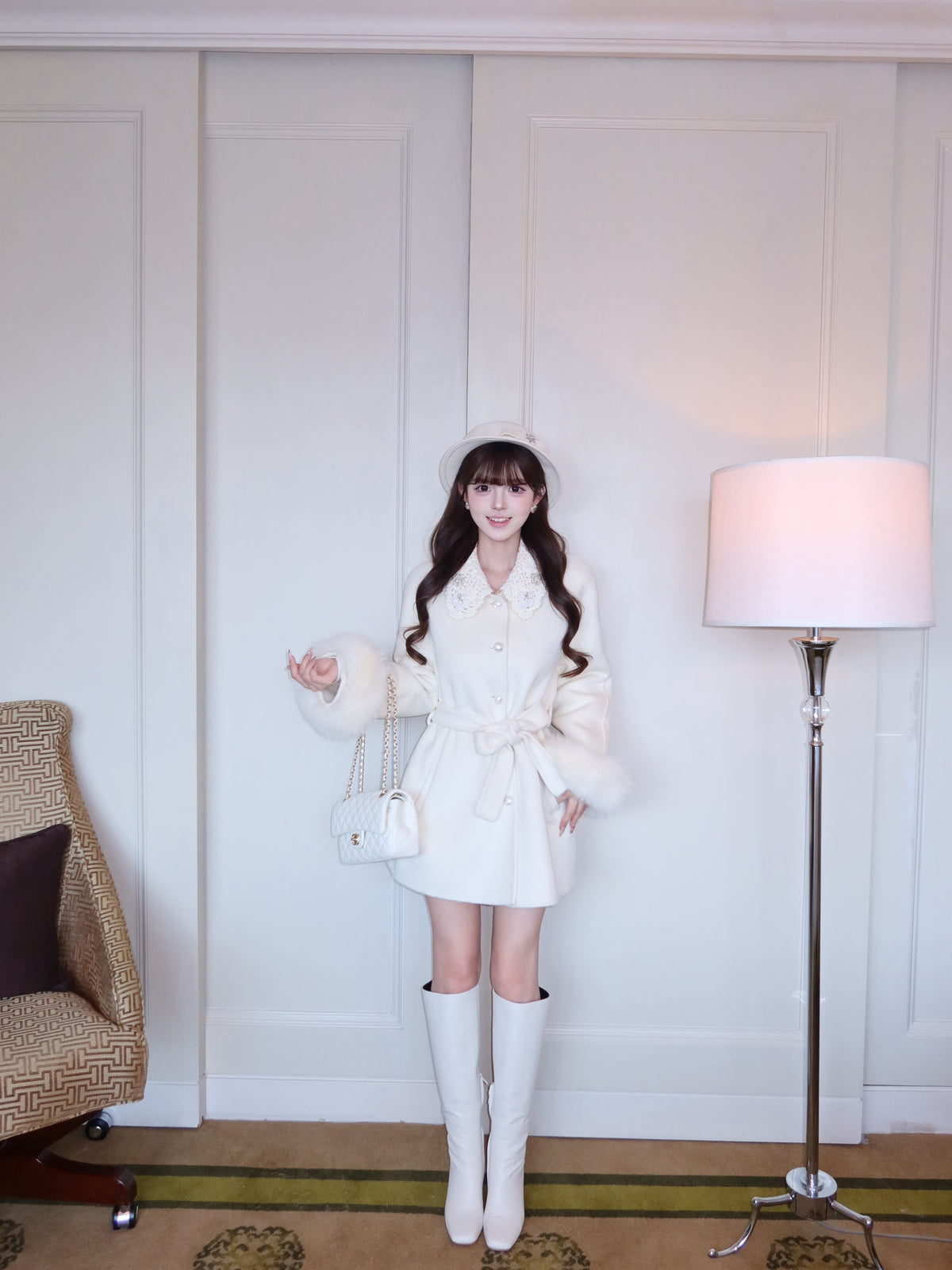 ⁠[Girly] Beaded Crochet Collar Fur Trim Belted 100% Australian Wool Coat (YRDY-015)