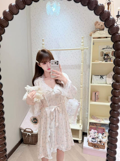 [Pajamas] Padded Cami Slip Dress + Robe Sleepwear Set (SY073)