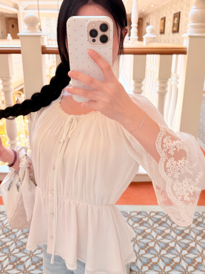 [Romantic] French Lace Trim Tie-Front Chiffon Blouse (Q1361)