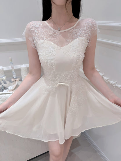 [Girlgod] Beaded Lace Mesh Overlay A-Line Dress (QF099)