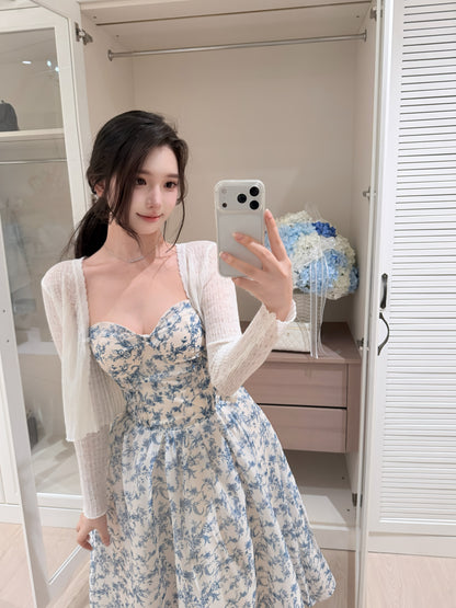 [Artistic] Purple/Blue Floral Sweetheart Neckline Dress (QF066)