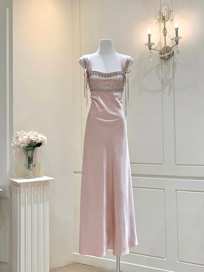 [Luxury] Beaded Satin A-Line Long Dress (QF059-1)