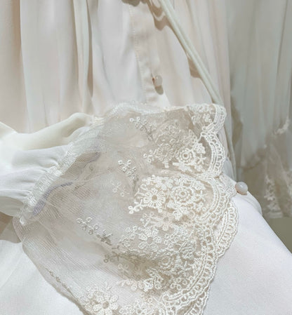 [Romantic] French Lace Trim Tie-Front Chiffon Blouse (Q1361)
