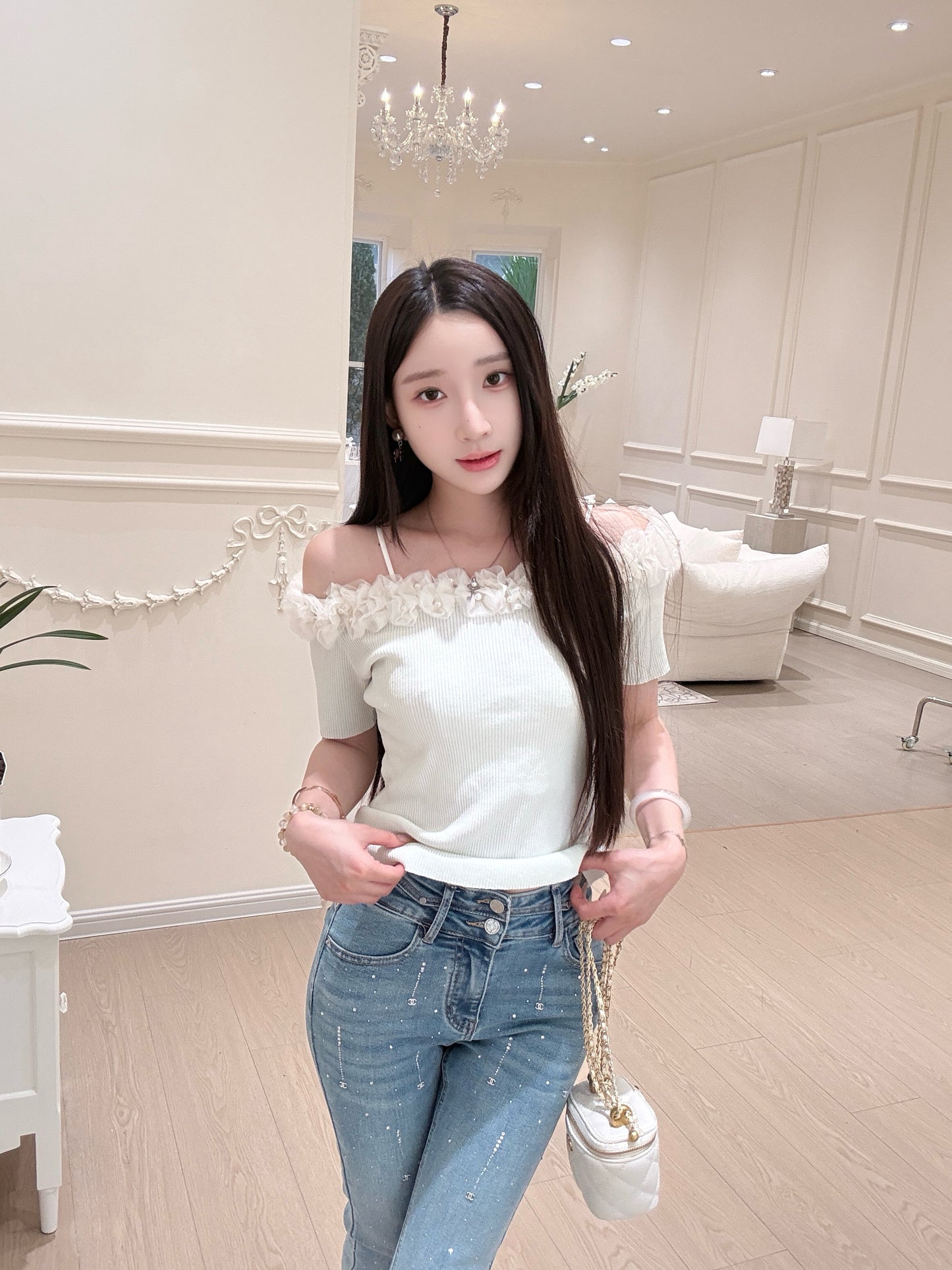 [Girly] Off-shoulder Knitted Green & Beige Top (QF008)