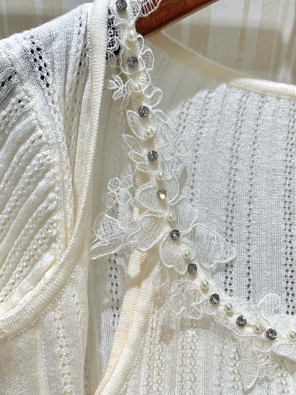 [Dating] Pearl Lace Trim Cami and Knit Cardigan Set (QH-08)