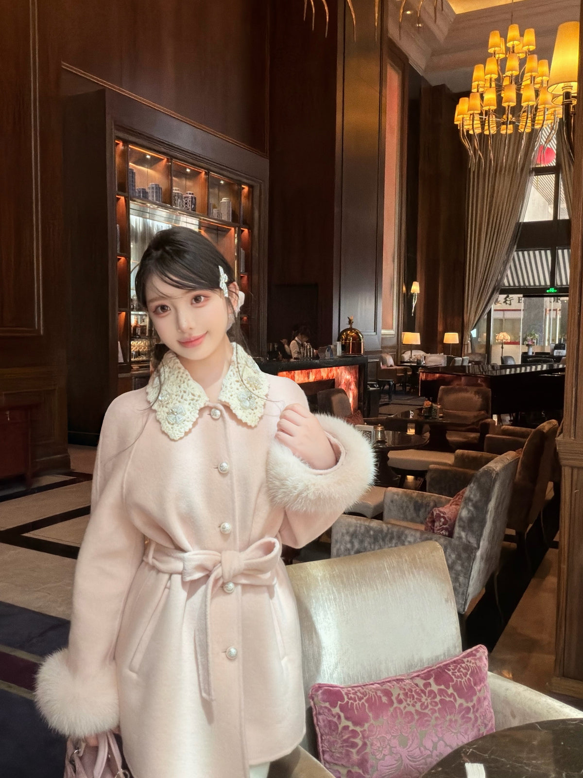 ⁠[Girly] Beaded Crochet Collar Fur Trim Belted 100% Australian Wool Coat (YRDY-015)