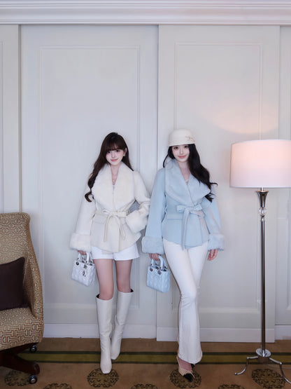⁠[Stylish] Fox Fur Collar Belted Double-Faced Wool Short Coat (YRDY-022)⁠