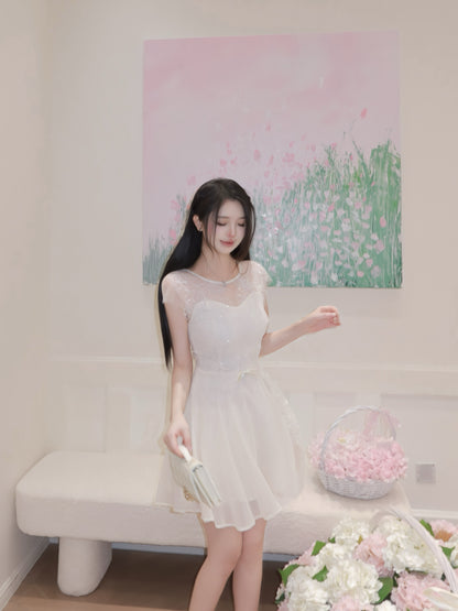 [Girlgod] Beaded Lace Mesh Overlay A-Line Dress (QF099)