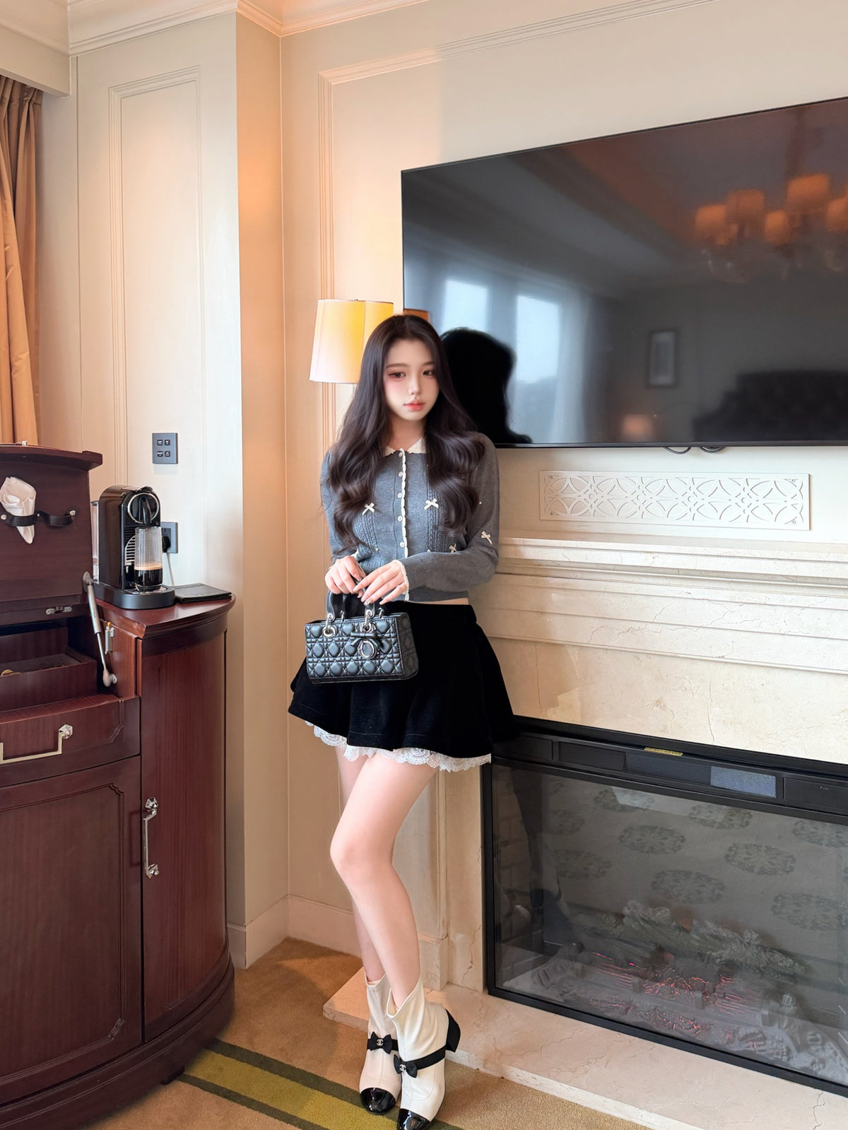 ⁠[Coquette] Doll Collar Ribbon Beaded Knit Cardigan (MY5813)⁠