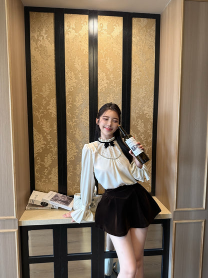 [Coquette] Pleated Chiffon Bow Blouse (Q1516)