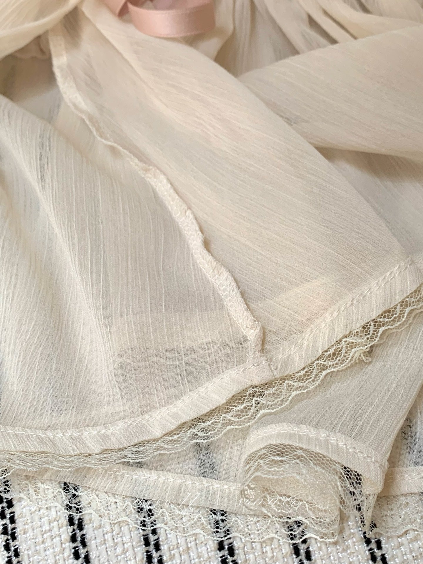 ⁠[Girly] French Romantic Ruffle Ribbon Chiffon Blouse (QH-031)⁠