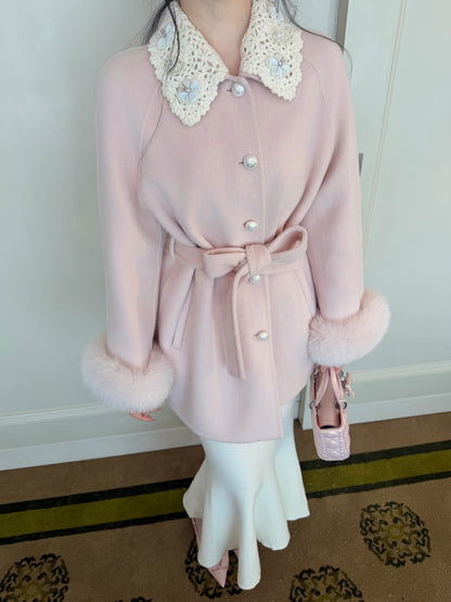 ⁠[Girly] Beaded Crochet Collar Fur Trim Belted 100% Australian Wool Coat (YRDY-015)
