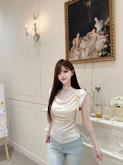 [Luxury] Handmade Pearl Cowl Neck Knit Top (QF033)