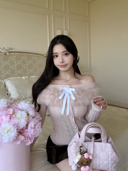 [Girly] Fox Fur Collar 10% Wool Knit Cardigan (QH-083)