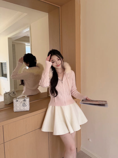 [Coquette] Fox Fur Collar Zip-Up Knit Cardigan (MY5812)