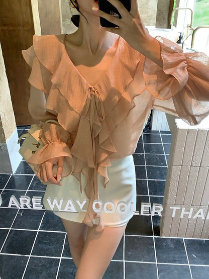 [Elegant] Autumn V-neck chiffon Top