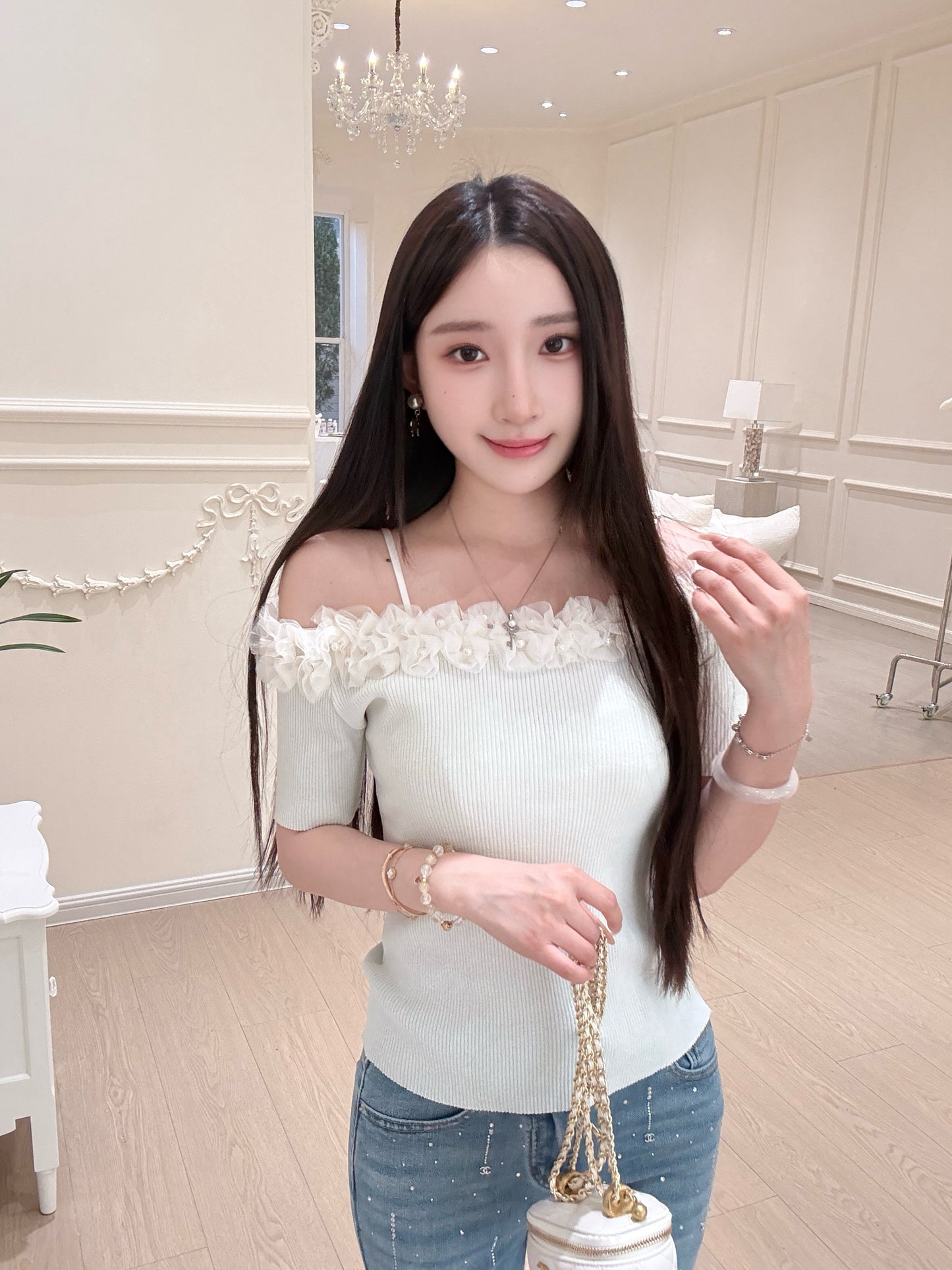 [Girly] Off-shoulder Knitted Green & Beige Top (QF008)