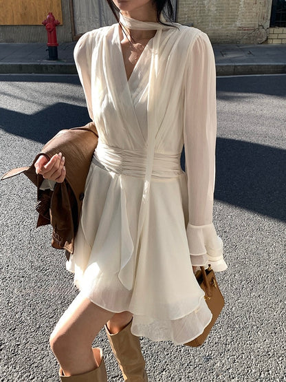 [Girly] White label V-neck Long-sleeve Elegant Dress