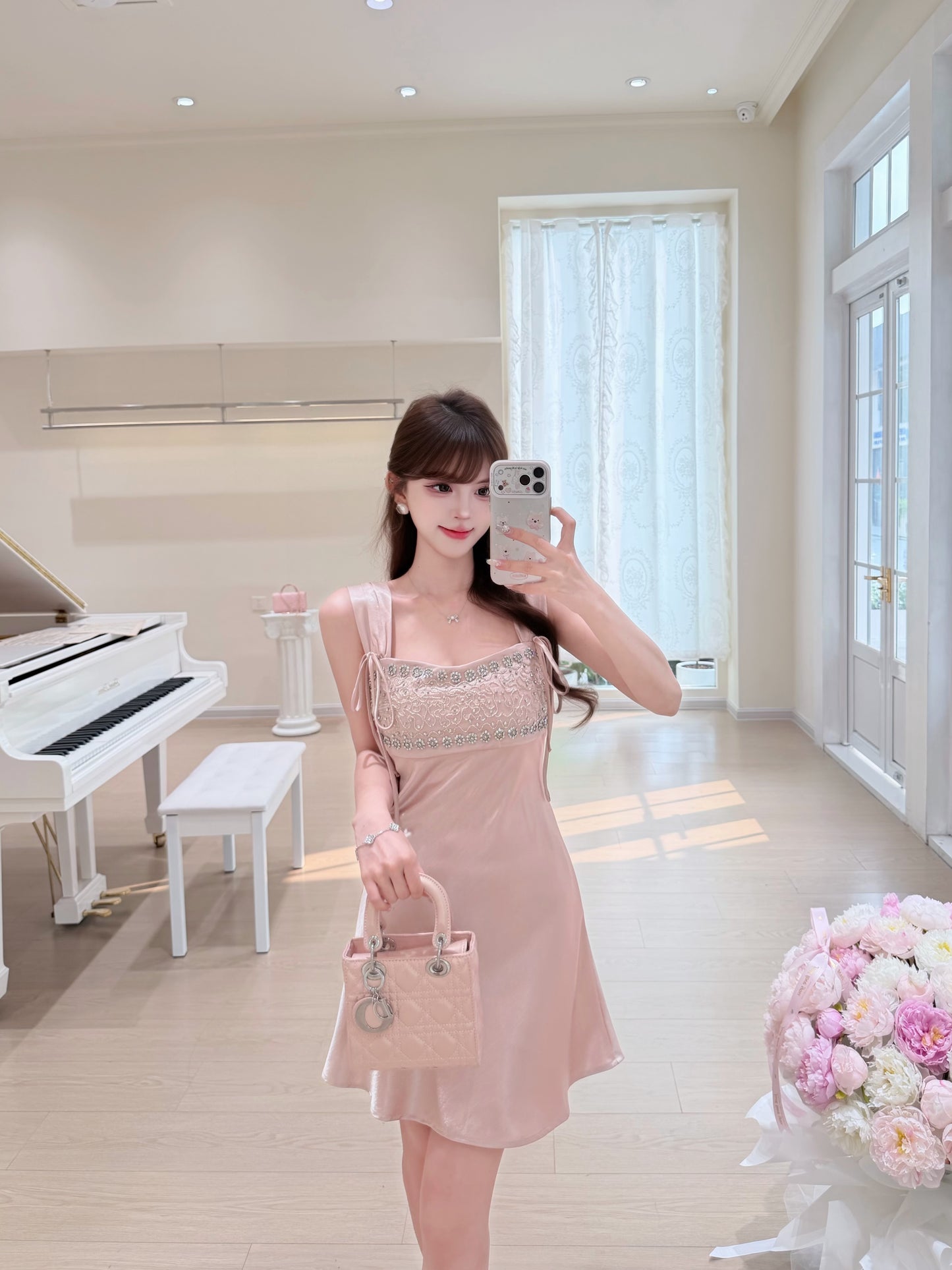 [Luxury] Beaded Satin A-Line Mini Dress (QF059)