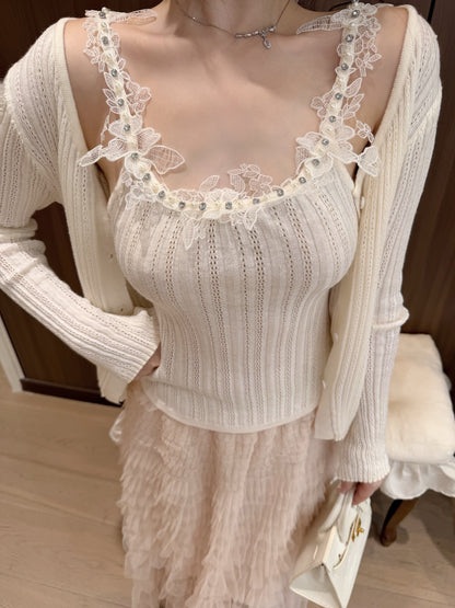 [Dating] Pearl Lace Trim Cami and Knit Cardigan Set (QH-08)