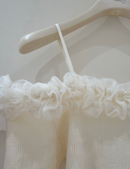 [Girly] Off-shoulder Knitted Green & Beige Top (QF008)