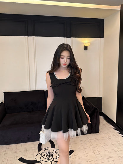 [Coquette] Pearl Beaded U-Neck Bow Mini Dress with Tulle Hem (Q1510)⁠