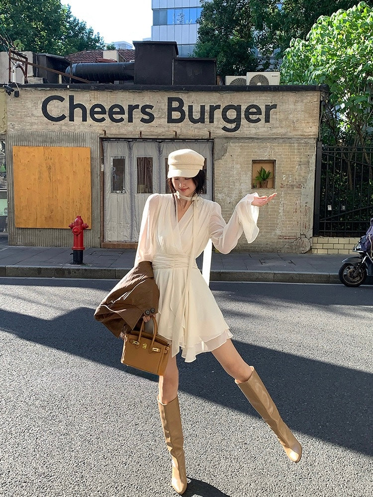 [Girly] White label V-neck Long-sleeve Elegant Dress