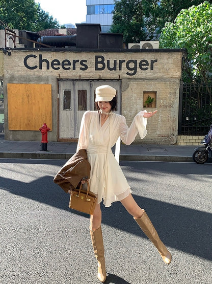[Girly] White label V-neck Long-sleeve Elegant Dress