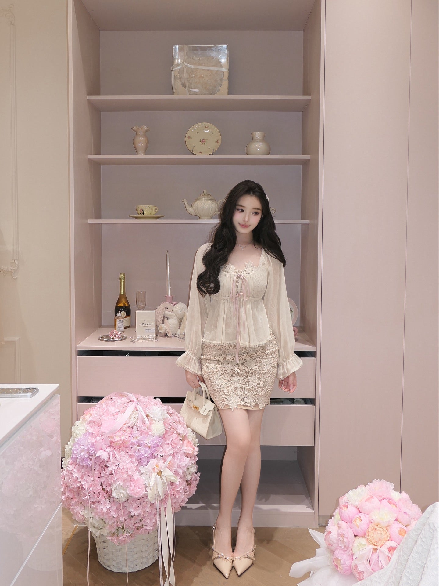 ⁠[Girly] French Romantic Ruffle Ribbon Chiffon Blouse (QH-031)⁠