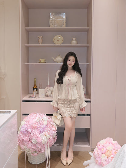 ⁠[Girly] French Romantic Ruffle Ribbon Chiffon Blouse (QH-031)⁠