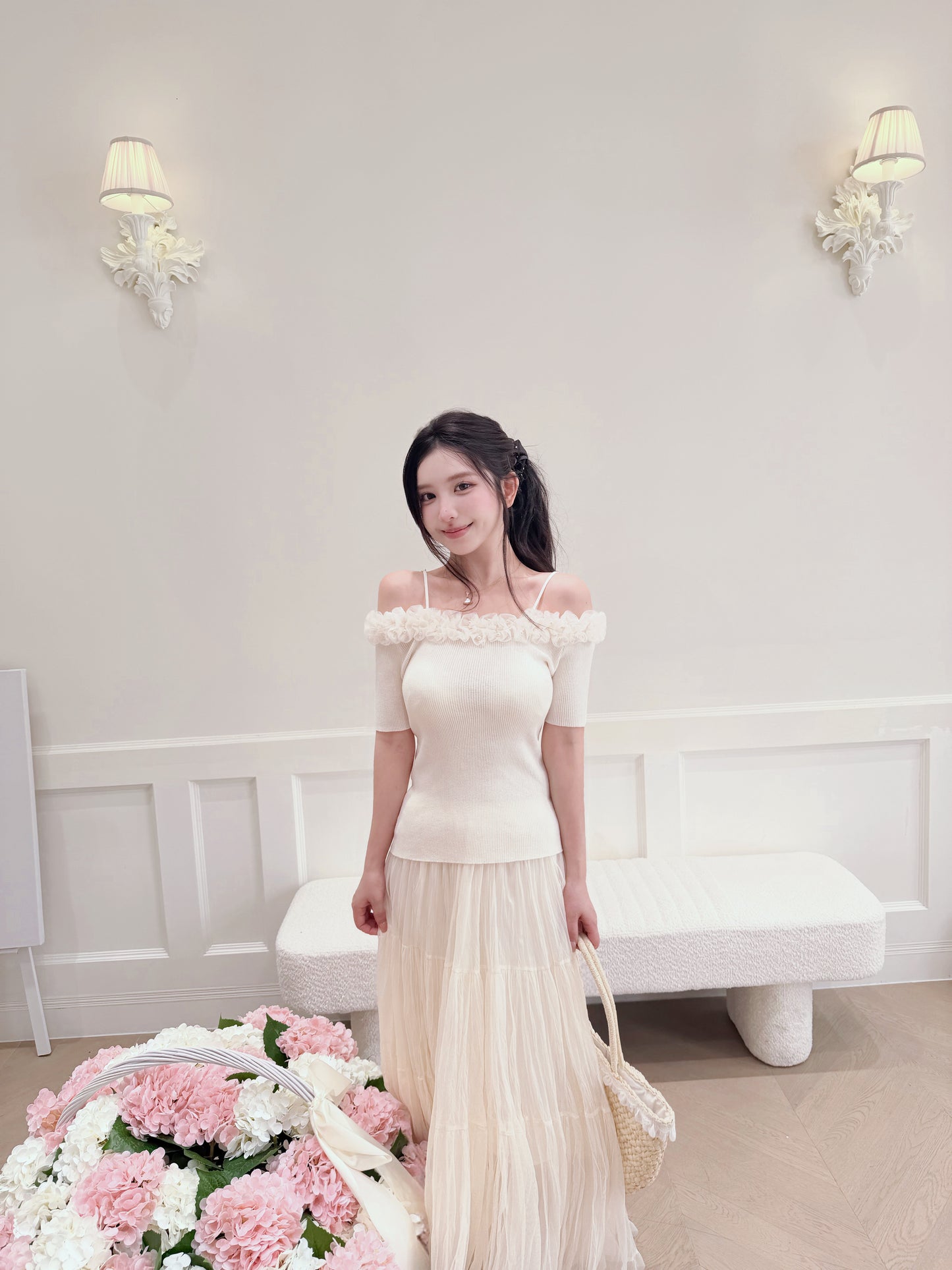 [Girly] Off-shoulder Knitted Green & Beige Top (QF008)