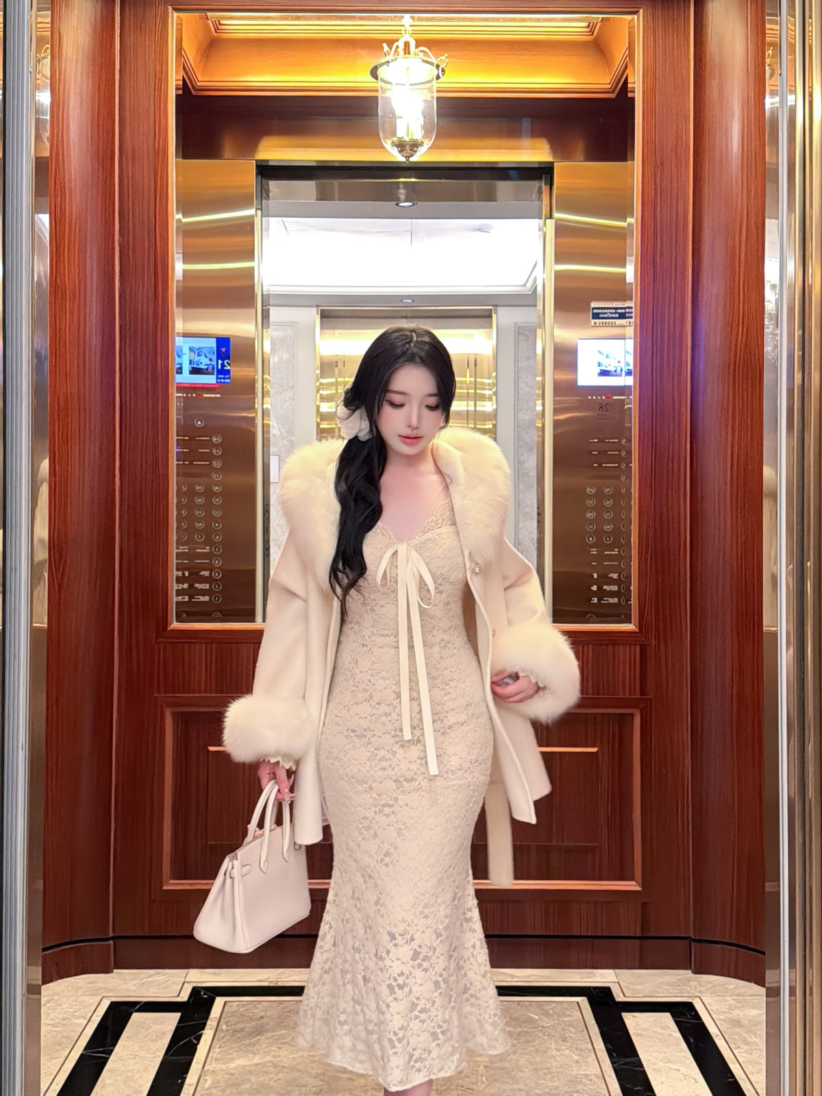 ⁠[French Lace] Ribbon Tie Lace Fitted Mermaid Dress (Q1598)⁠