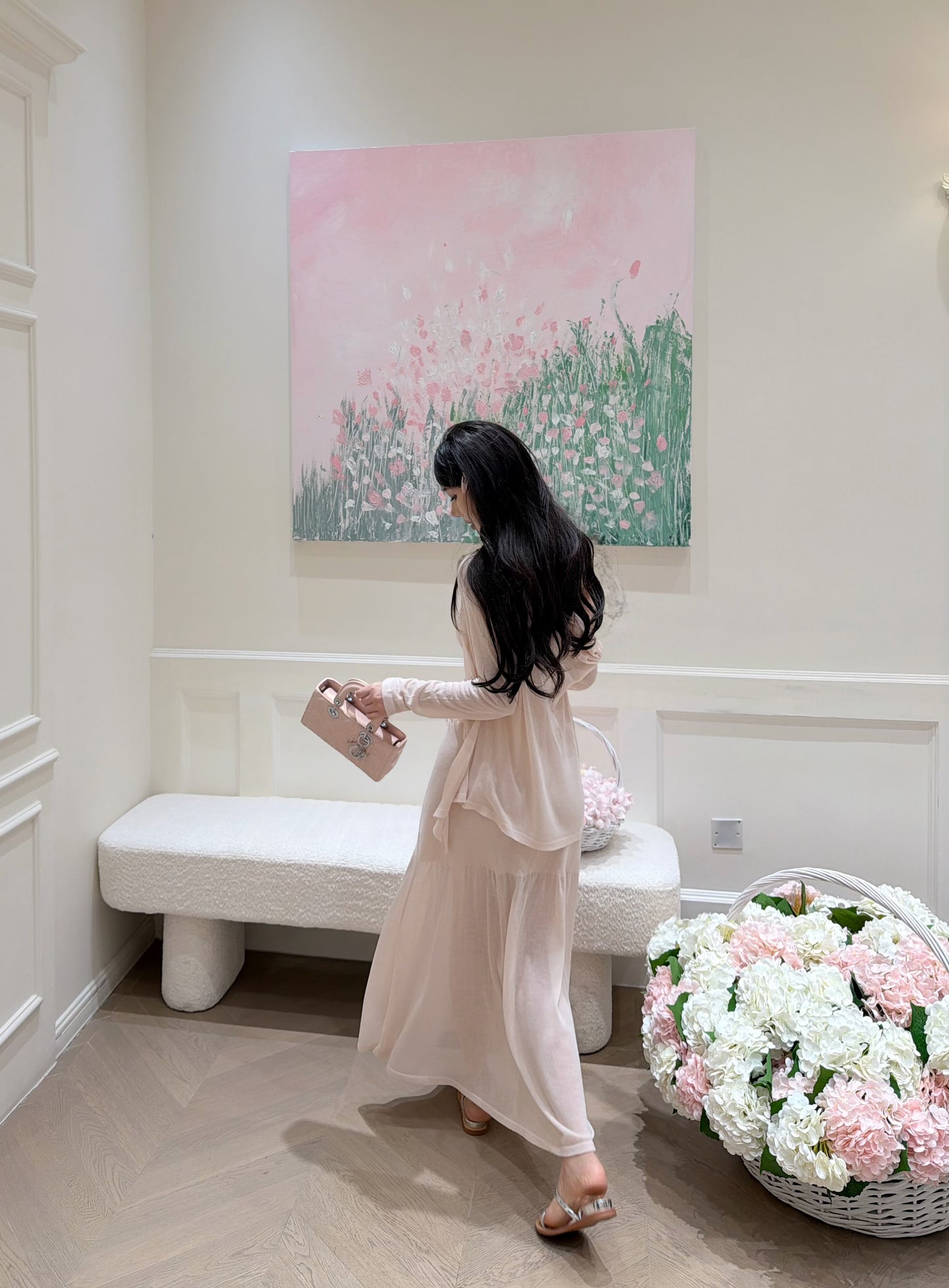 [Elegant] Ruffle Cami + Knit Cardigan + Flared Midi Skirt 3-Piece Set (QF110+QF111)