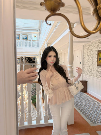 [Romantic] French Lace Trim Tie-Front Chiffon Blouse (Q1361)