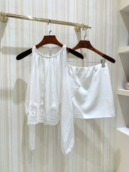 [Vacation] Halter Off-Shoulder Top and Skirt Two-Piece Set (Q1358)