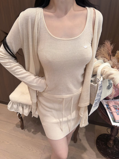 [Soft Chic] Lyocell Soft & Sweet Knit Three-Piece Set - Cardigan, Cami & Skirt (QH-015)