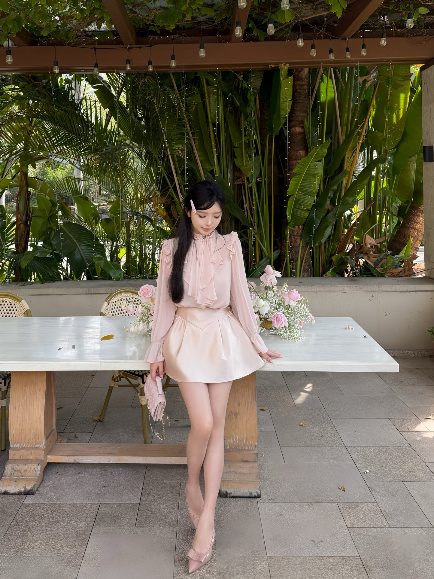 [Workwear] Ruffle Pink & Beige Chiffon Shirt (Q053)