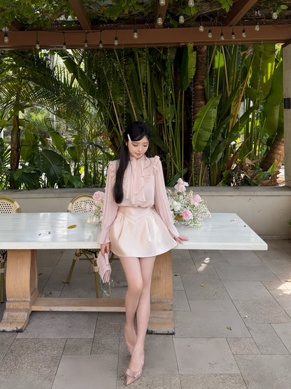 [Workwear] Ruffle Pink & Beige Chiffon Shirt (Q053)