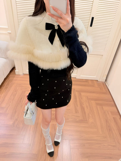 [Elegant] Fox Fur Trim Velvet Bow Cape (QH-081)